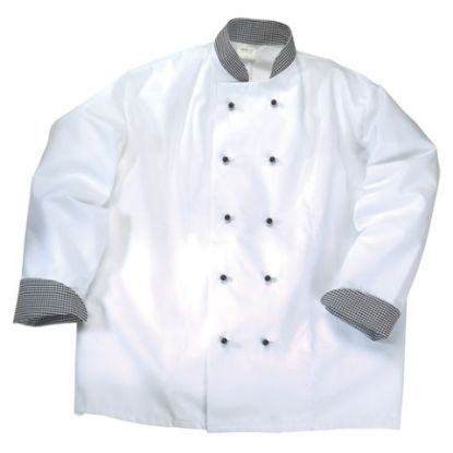 Picture of Chef Jacket White Gingham Trim Black Button Med *p
