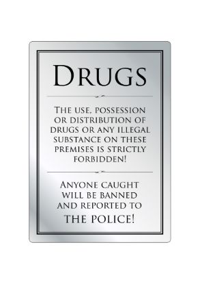 Picture of Drugs Policy Sign 210x297mm Brushed Silver Black Writing Self Adhesive